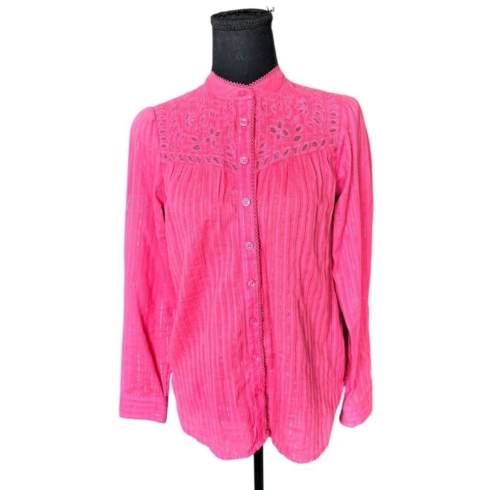 Pilcro Anthropologie Hot Pink Eyelet Lace Metallic Stripe Boho Top XS (Size 2)